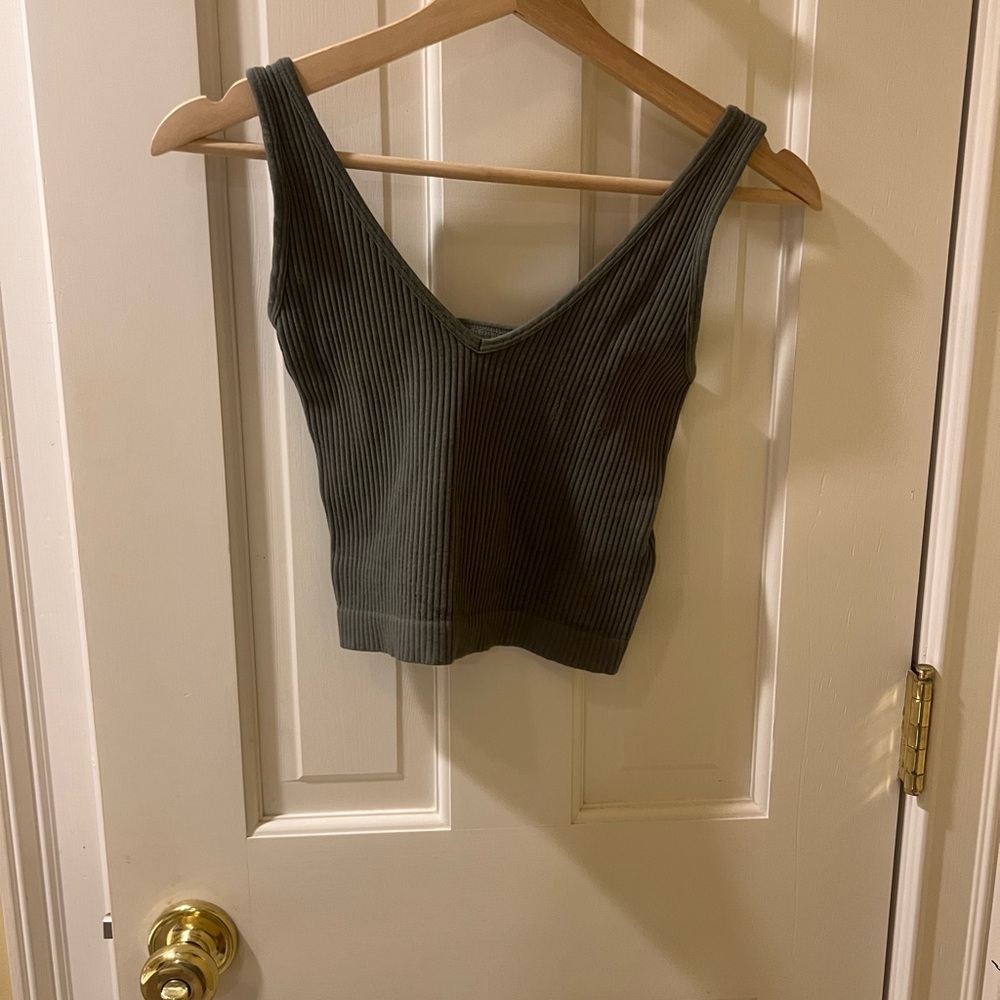Ribbed V-Neck Crop Top in Olive Green